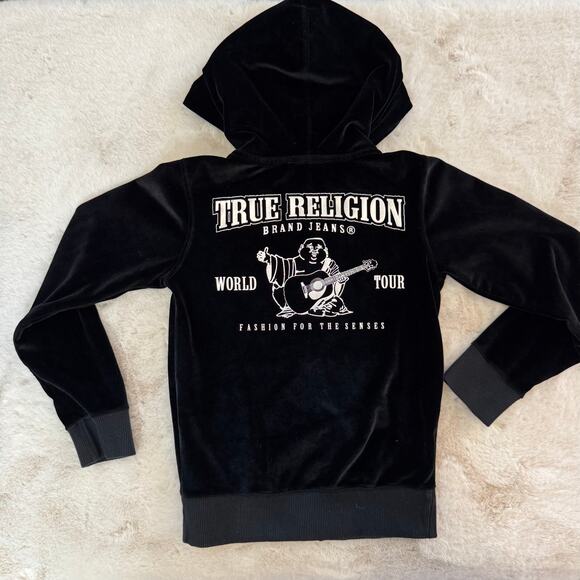 Girls True Religion Black Velour Zip Hoodie Silver Logo Size Small 5/6 - Picture 1 of 5